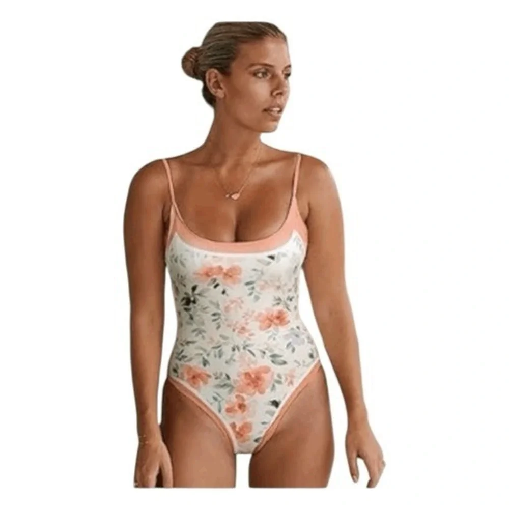 Delicate Floral One Piece Swimsuit Off White Peach Detail Adjustable Straps Padd